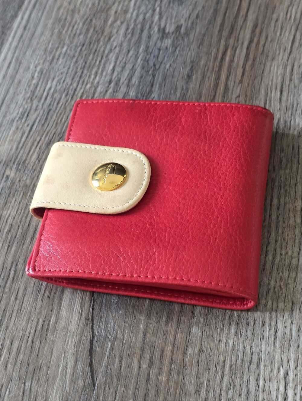 Lancel Paris Women's Red Leather Bifold Wallet with Cream Snap Tab